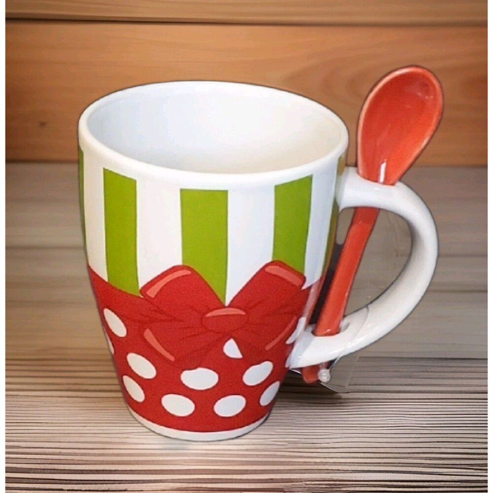 Christmas Mug Red Spoon Green Stripe & Red Polka Dots Hot Cocoa Coffee Cup